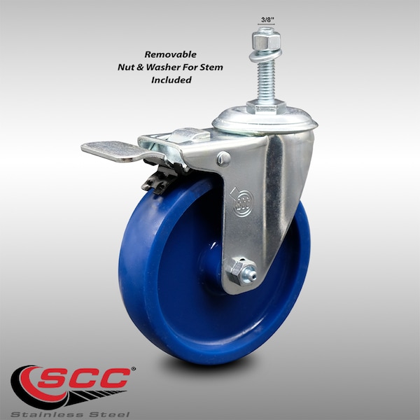 Service Caster 5 Inch SS Solid Polyurethane 3/8 Inch Threaded Stem Caster with Total Lock Brake SCC-SSTSTTL20S514-SPUS-381615 - main